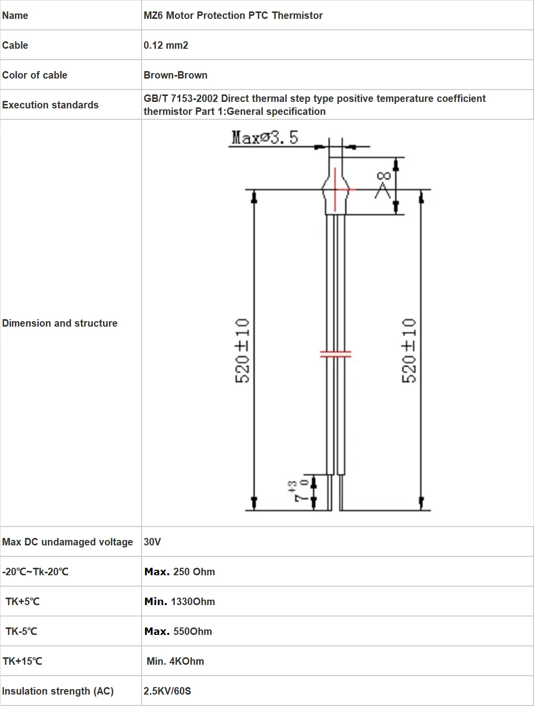 PTC Thermistor for Motor Protection - 30C Temperature Sensor