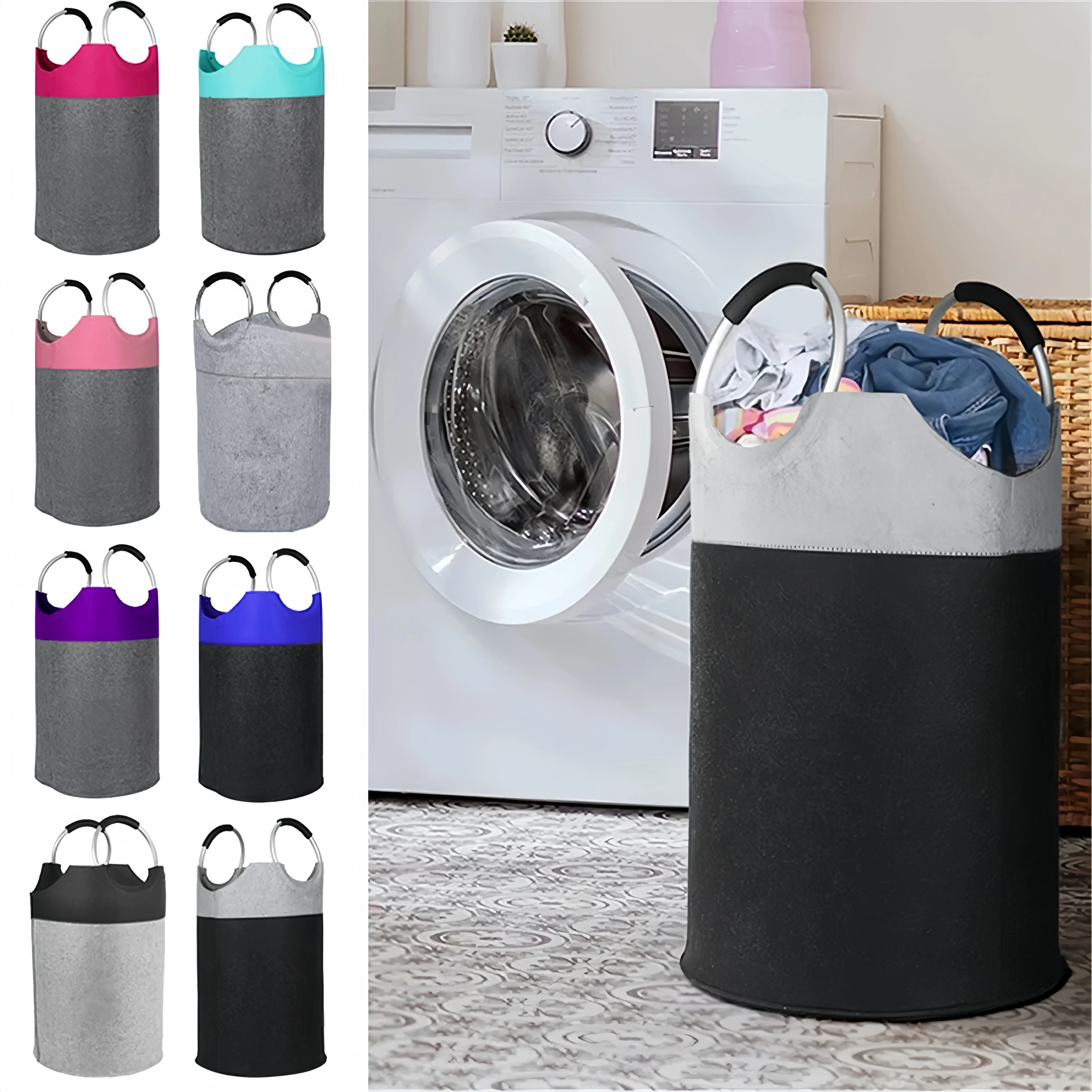 Color options for felt laundry hampers with carry handles