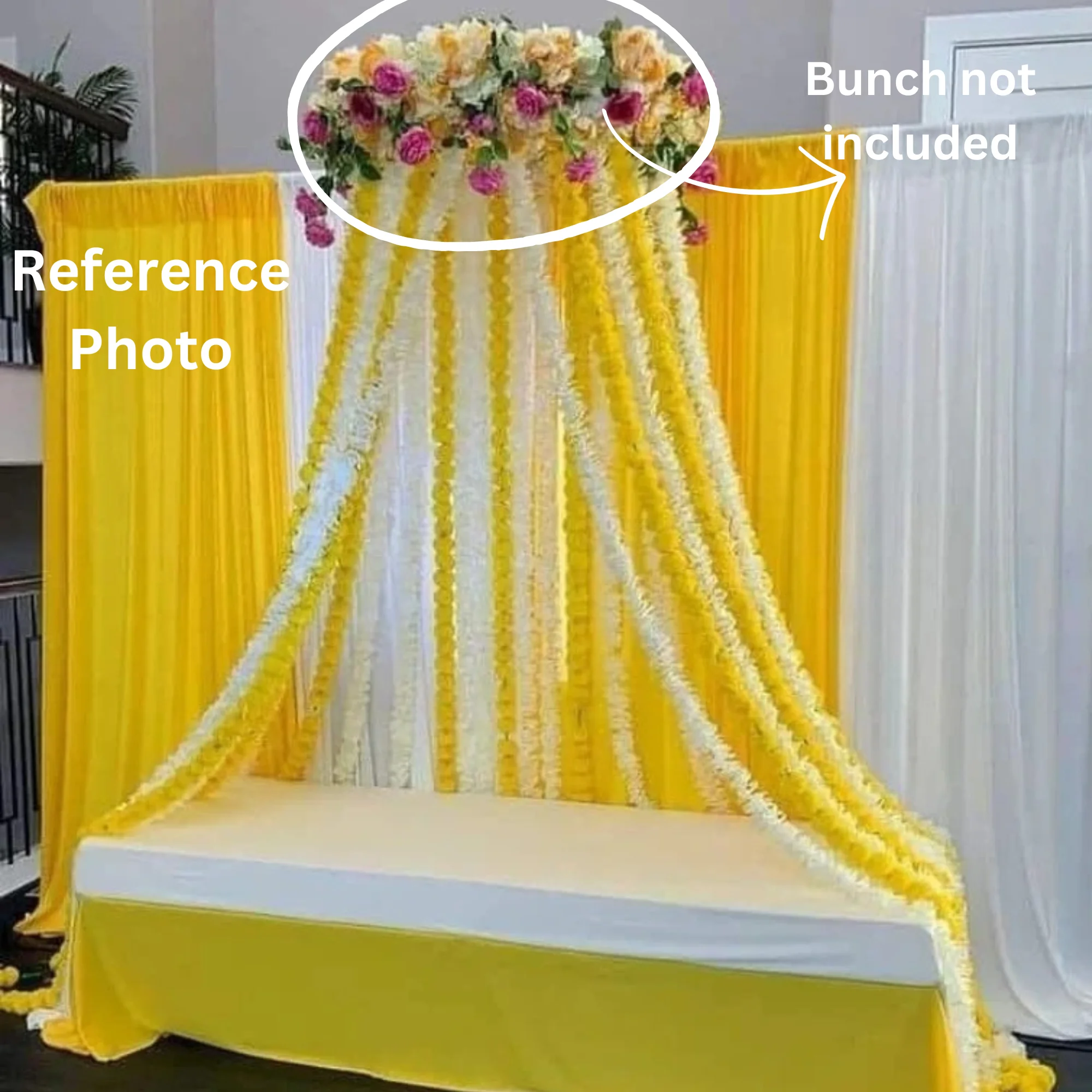 Haldi Backdrop of Yellow and White Marigold Jasmine Flower Garlands Perfect for Indian Wedding Decor Mandap Teej Tent Decor