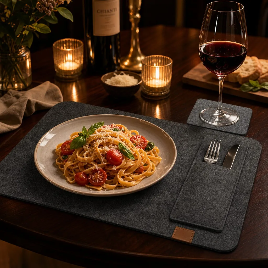 12-piece felt placemat set on a dark dinner table with a felt placemat with cutlery pocket and a felt coaster set
