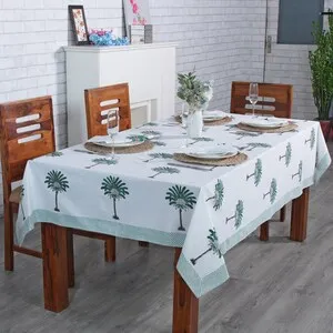 Pine Green and Peanut Brown Tree Print With Green Striped Border Table Cover Indian Hand Block Printed Table Cover