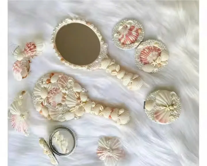 Handcrafted Mermaid Compact Ocean Shell Mirror with Pearls