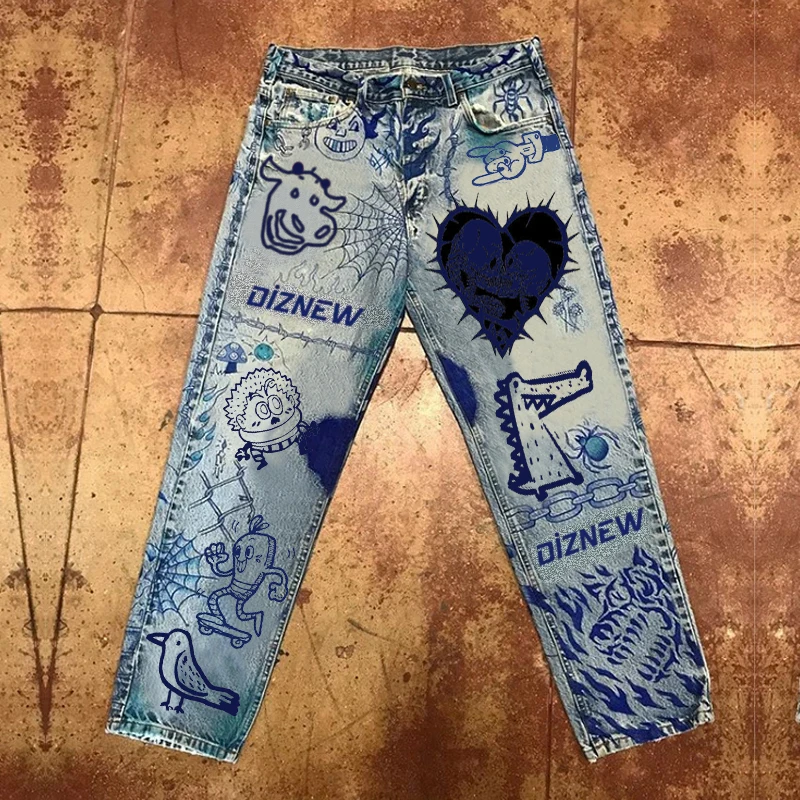 DiZNEW Mens Wholesale Jeans Pant For Men Stylish Large Size Loose Straight Hand-painted Printing Casual Creative Custom Jeans supplier