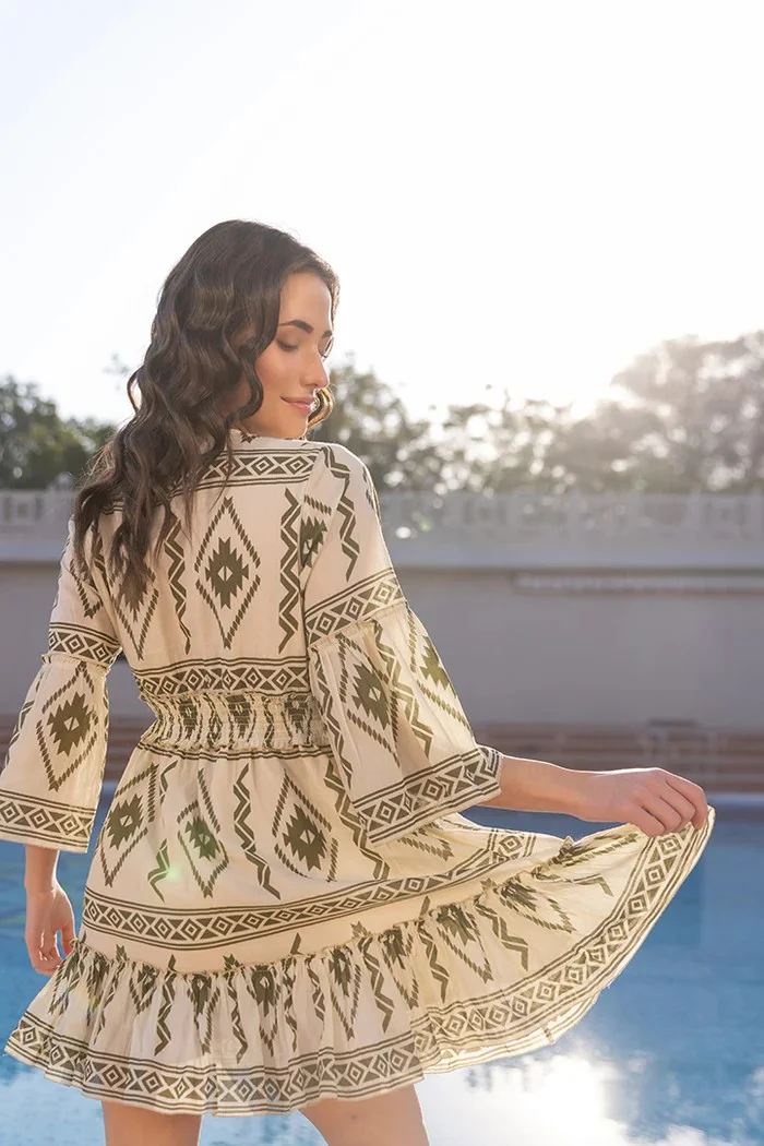 2026 Boho Style Tribal Print Mini Dress for Women V-Neck Elastic Waist Short Dress with Flare Sleeves Washable Wholesale 2026 Boho Style Tribal Print Mini Dress for Women V-Neck Elastic Waist Short Dress with Flare Sleeves Washable Wholesale