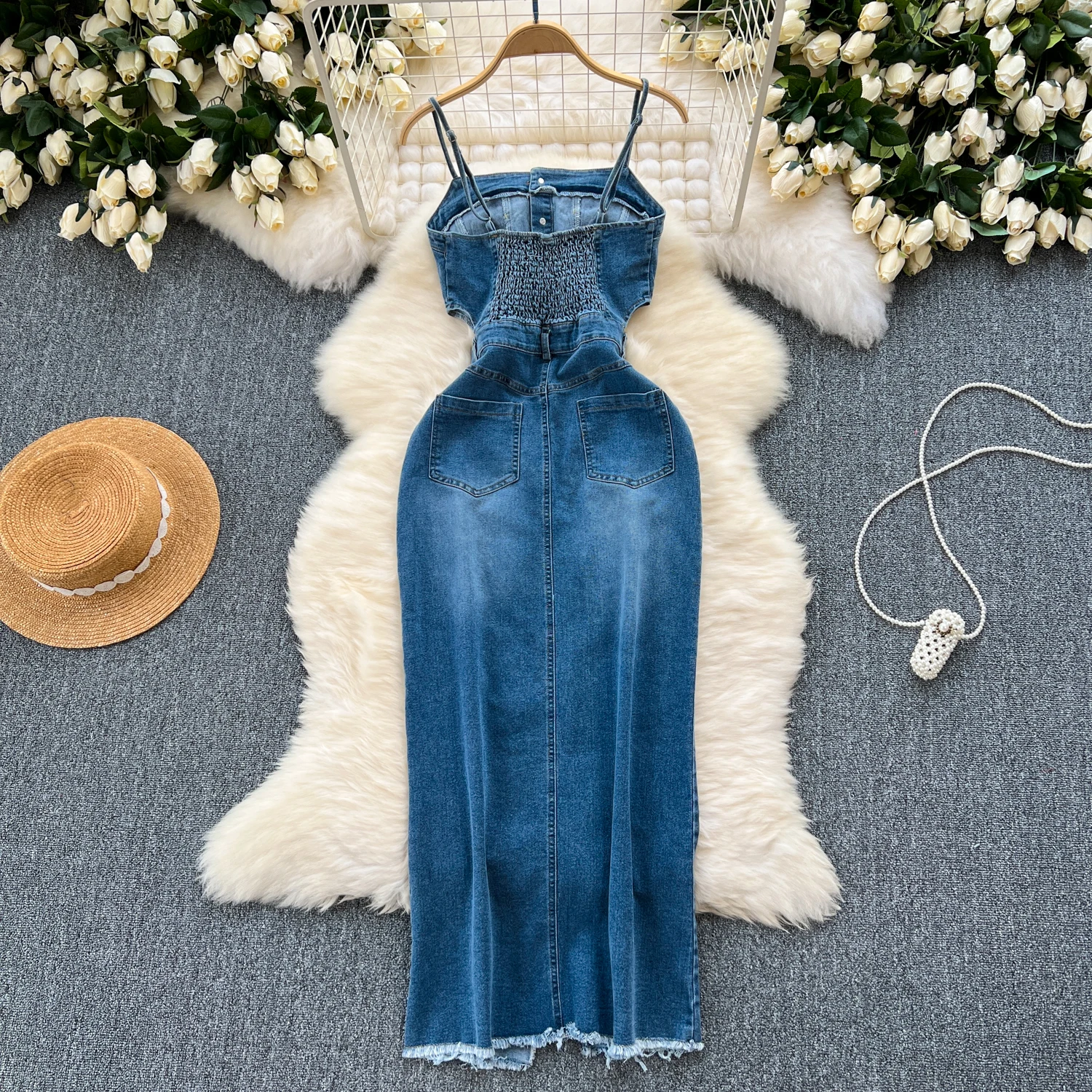 Summer Vintage Slit Casual Midi Dress for Women Sleeveless Denim Dress