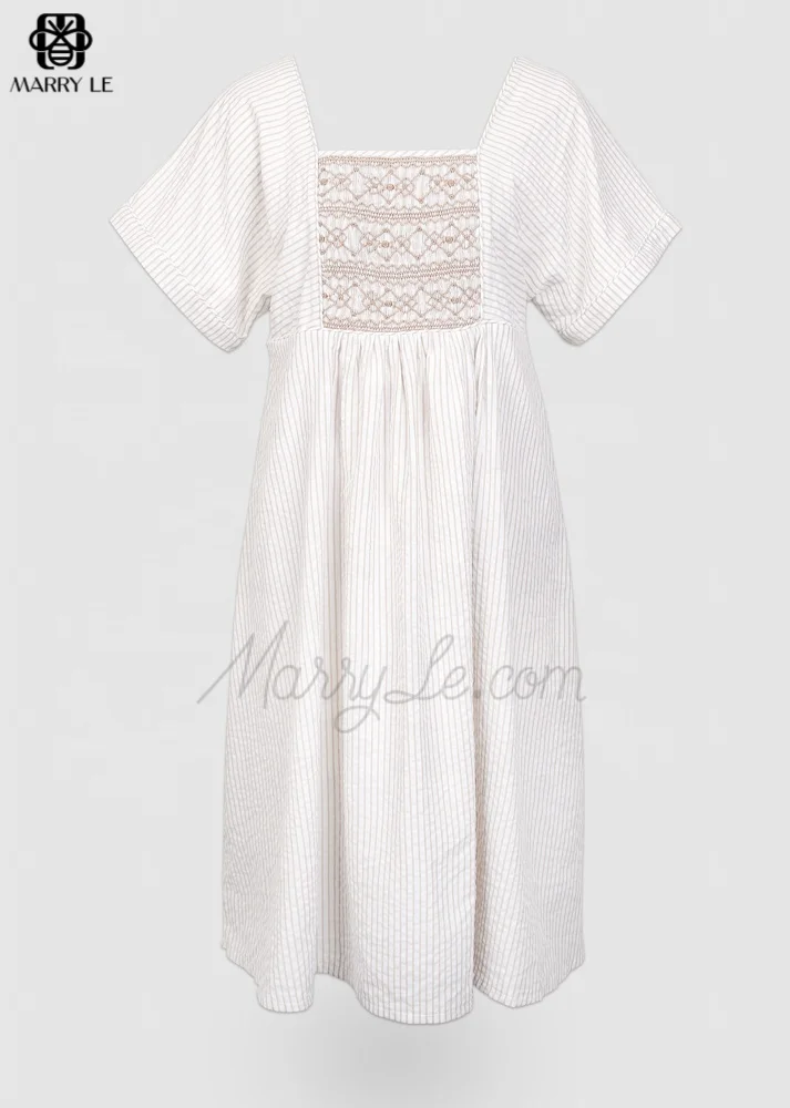 Geometric Flower Embroidery Women Khaki Dress Md556 Women Dress