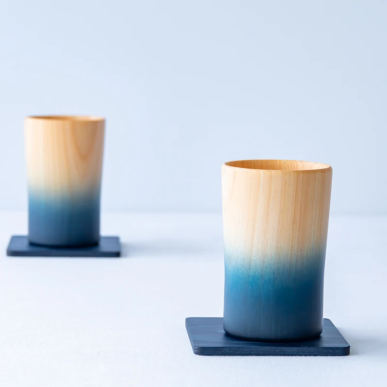 Japanese Cypress Indigo Hinoki Pair Wedding Luster Tea Cup Sake Set