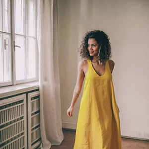 Plus Size Elegant Summer Maxi Dress for Women Sleeveless Mustard Linen with Long Pockets Elegant Linen Summer Long Maxi Dress