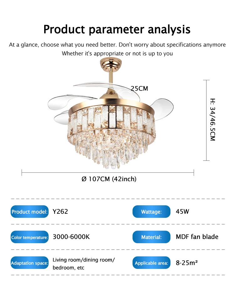 Y262 Luxury 42 Inch Ceiling Fan Light Gold Crystal Retractable Fan Light and Remote Control Invisible European LED Fan Light