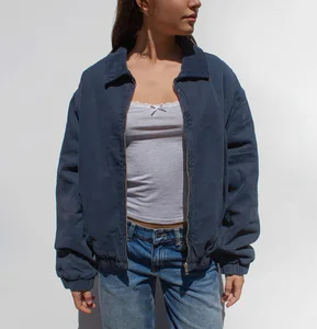 Custom Logo Navy Zip-Up Vintage Washed Autumn Winter Breathable Women's Turn-Down Collar Oversized Casual Outerwear Long Sleeve