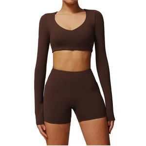 Women's Outdoor Yoga Set Soft Compression Long Sleeve V-Neck Top and Scrunch Back Shorts