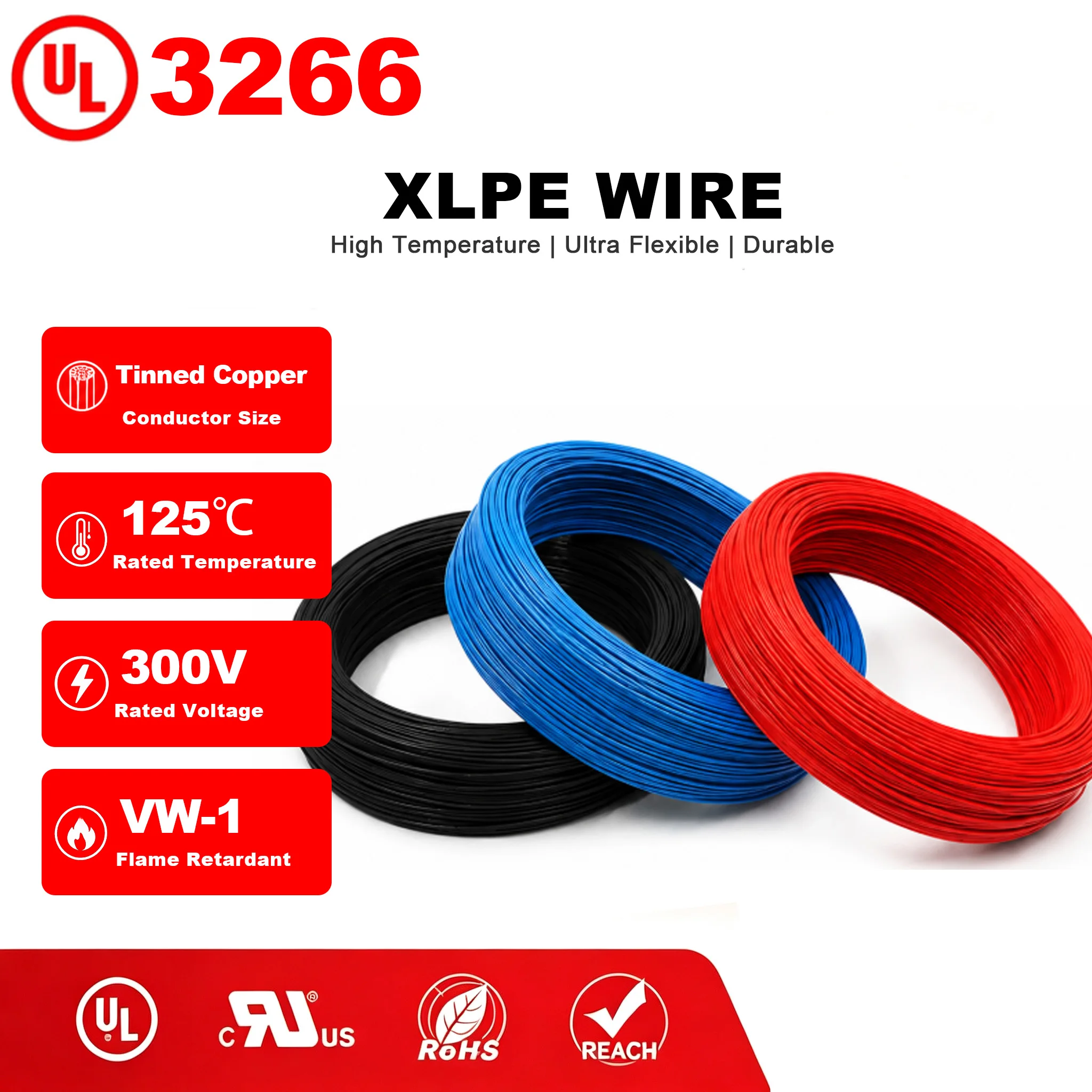 UL3266 High Temperature Flexible Wire | Tinned Copper Electrical Cable 300V 125℃