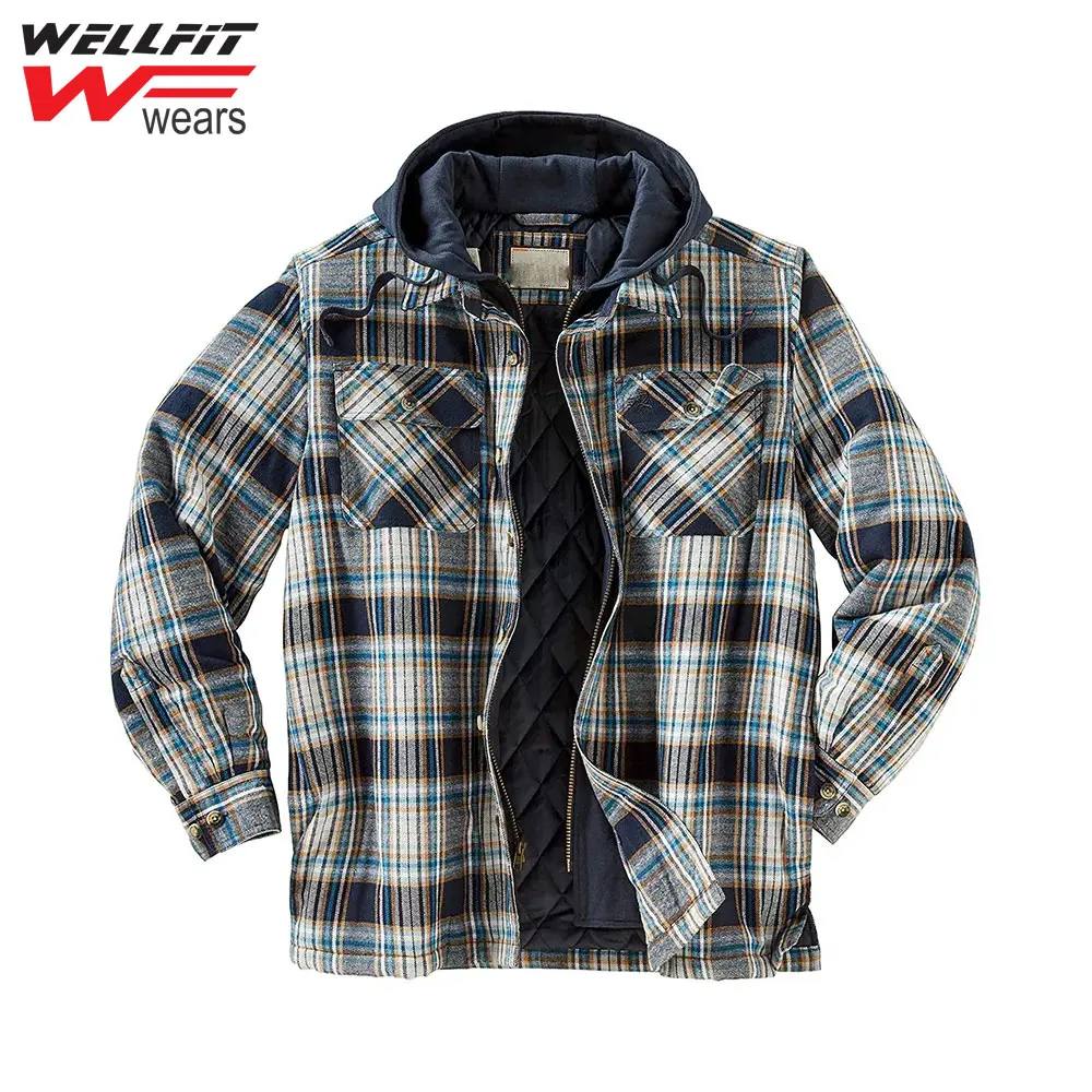 Men's Flannel Shirt Jacket With Removable Hood Plaid Quilted Lined