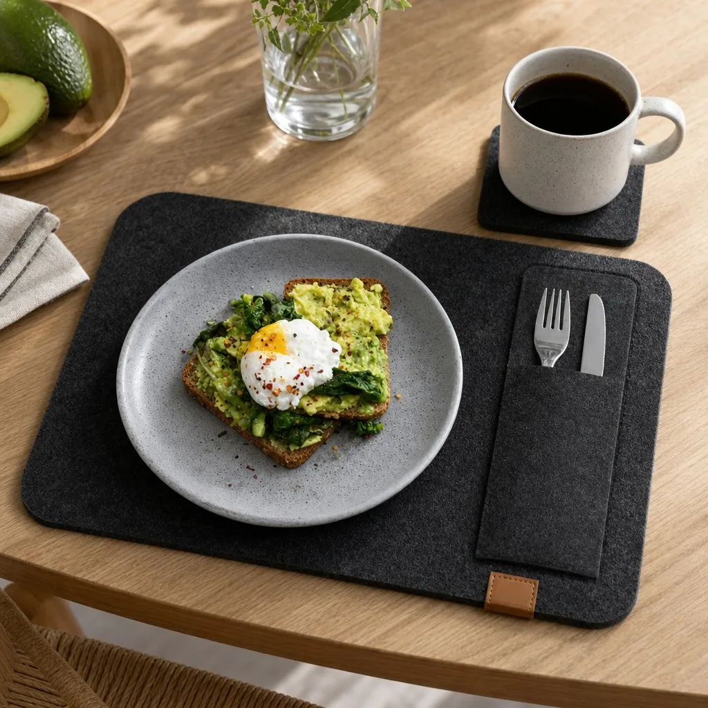 Felt table mat set styled for a breakfast table with placemat, cutlery pouch and coaster