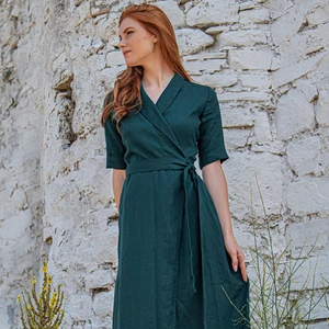 Deep Green Linen Dress with Tie Waist Wrap Dress With Half Sleeves Washed Linen Maxi Plus Size  Belted Available Big Size Dress
