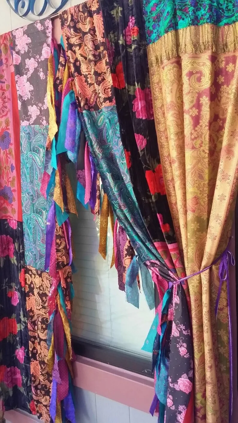 Boho Sari Vorhang Türkis | Handgefertigte Patchwork-Vorhänge