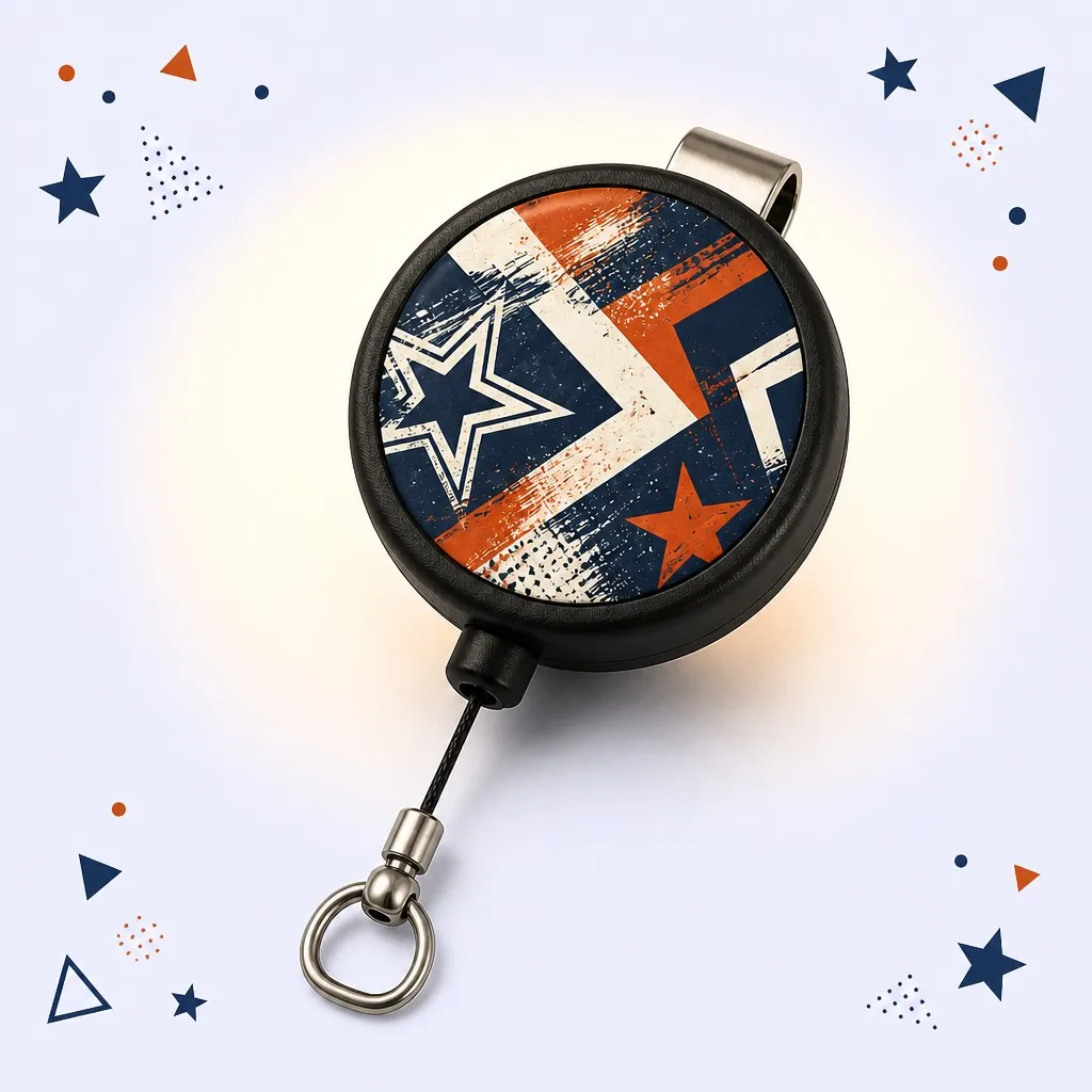 Top-down studio shot — bold star-stripe graphic badge reel with geometric scatter confetti