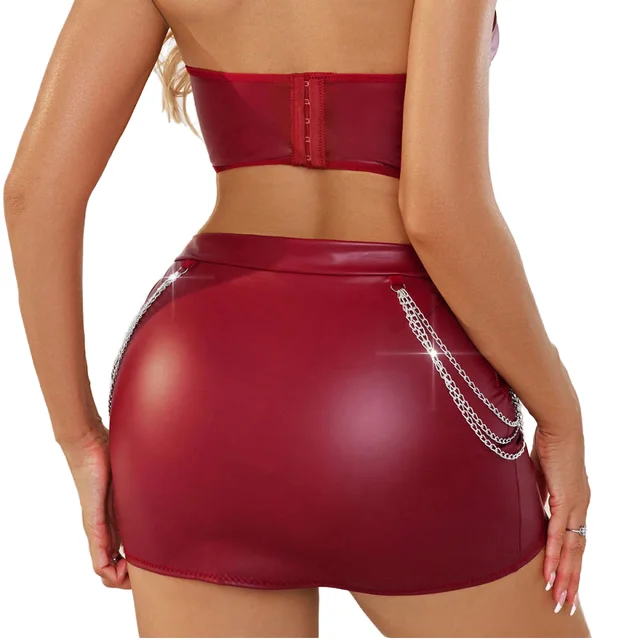 Hot Selling Women's Burgundy Chain Linked PU Leather Halter Lingerie Set