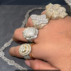 Baguette Cut VVS1 Moissanite Sterling Silver Gold Plated Big Size Hip Hop Fully Iced Cross Dollar Design Ring Unisex