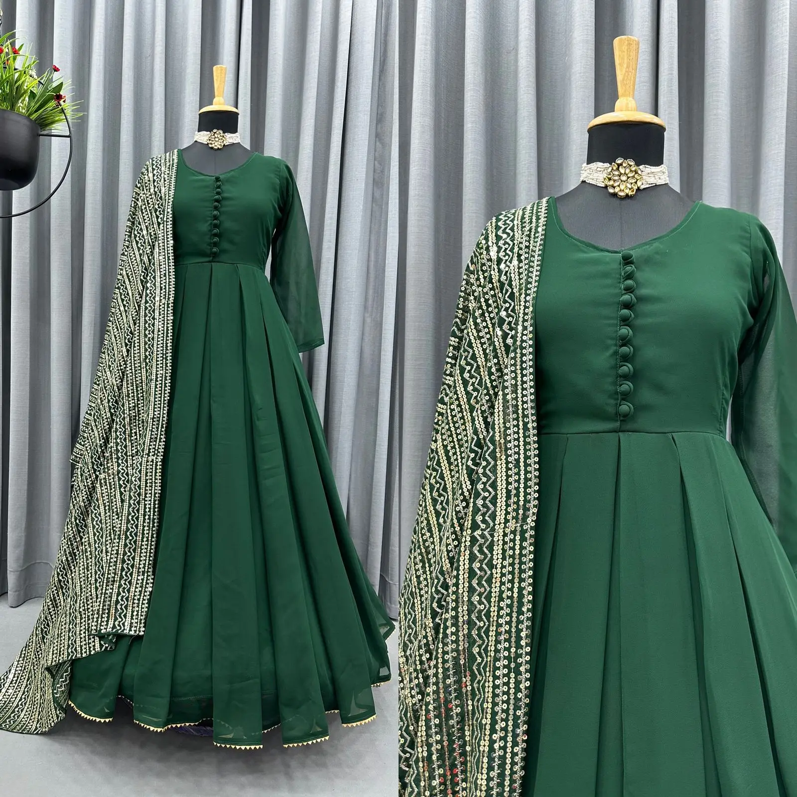Vintage Indian Pakistani Designer Gown with Heavy Embroidery Sequence Work Wedding Party Wear Top and Dupatta Lace Decorated