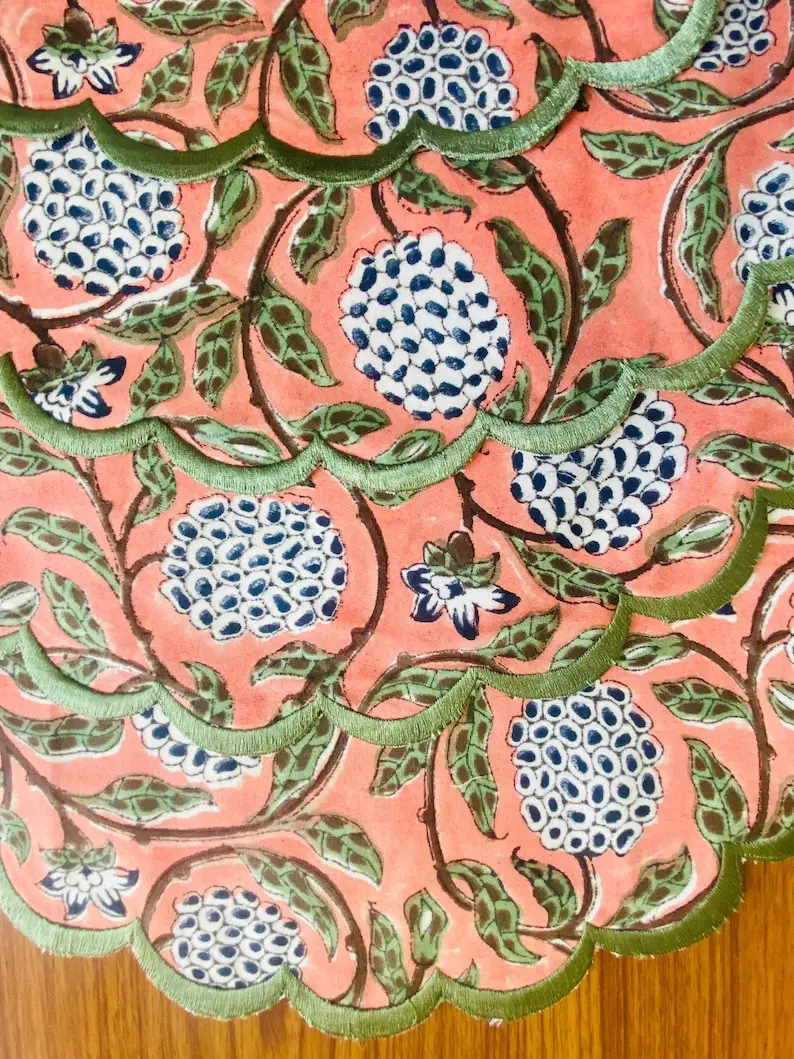 Dark Salmon Pink Sage Green Delft Blue Indian Floral Hand Block Floral