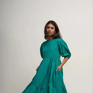 Boho Tunic Dress Organic Cotton Maxi Tiered Layered Teal Blue Comfortable Loose Fit Custom Sizing Latest Design Midi Pockets