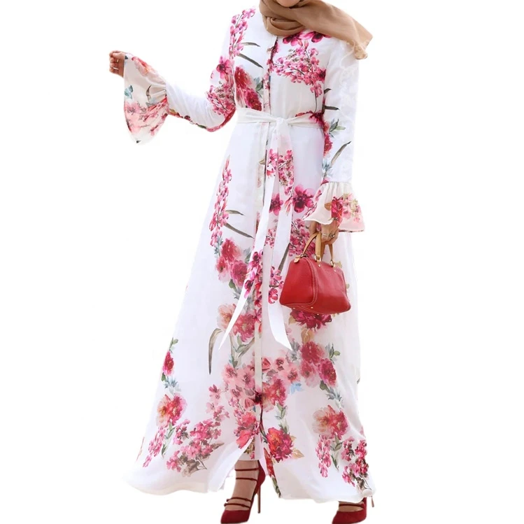 White Suit Red Flower Printed Best Selling Abaya Dress Dubai Designs Islamic Ethnic Clothing Private  Label Abaya for Muslims