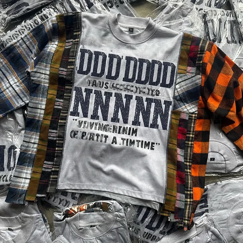 Salati Manufacturer Custom Y2K Oversized Multi Layer Panel Plaid Check Flannel Acid Wash Boxy Full Long Sleeve T Shirt for Men gallery 5