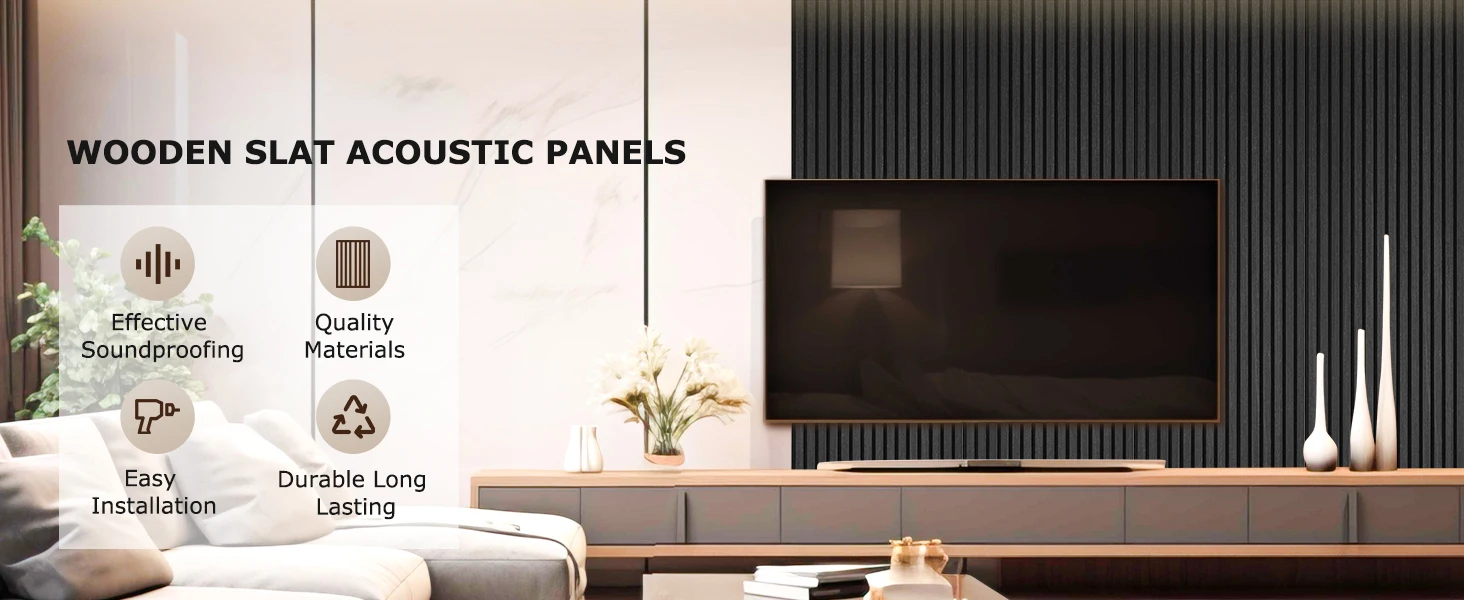 product modern wood finish 3d fluted matte black acoustic wall panels 2pcs soundproof absorbing slat wall acoustic wooden panel-0