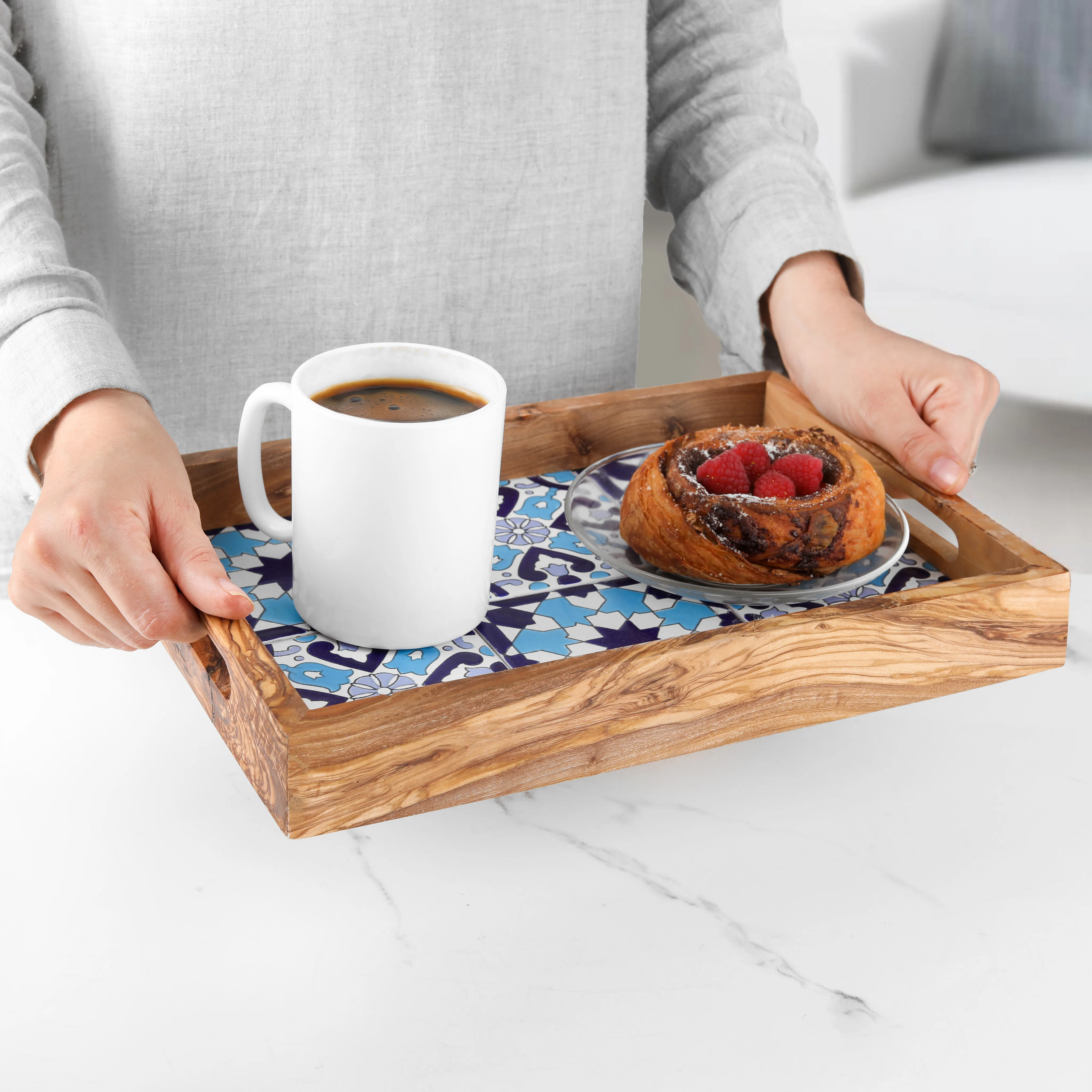 Trendy Rectangular Serving Tray Customizable Ceramic & Olivewood Ottoman Tray for Chic Coffee Table