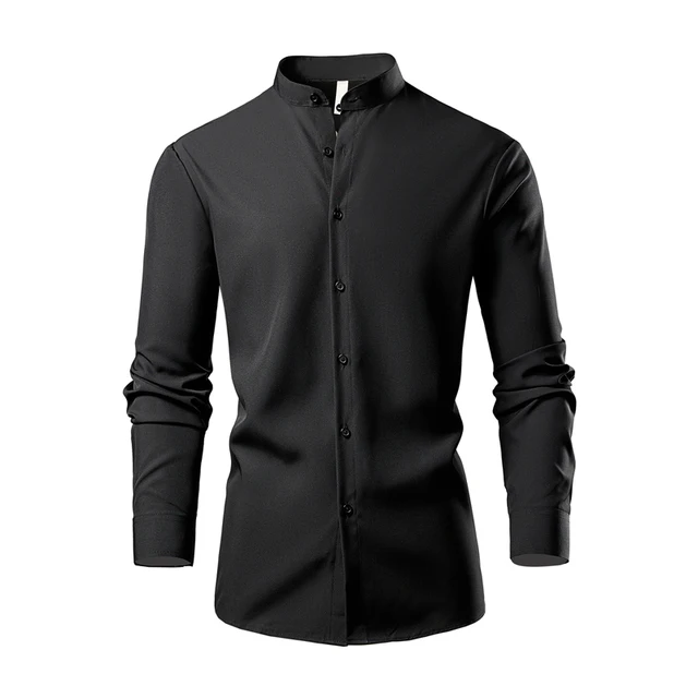 Men's Banded Collar Dress Shirts Wrinkle Free Long Sleeve Mandarin Collar Button Down Shirt 1150