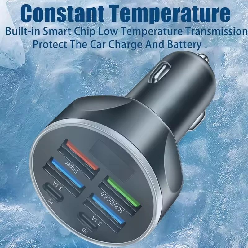 USB-C-Kfz-Ladeadapter mit 4 USB-A- und 2 PD-Anschlüssen für superschnelles Laden mit Spannungsüberwachung für iPhone, Samsung, Huawei, Vivo, OPPO und OnePlus_voghion.com