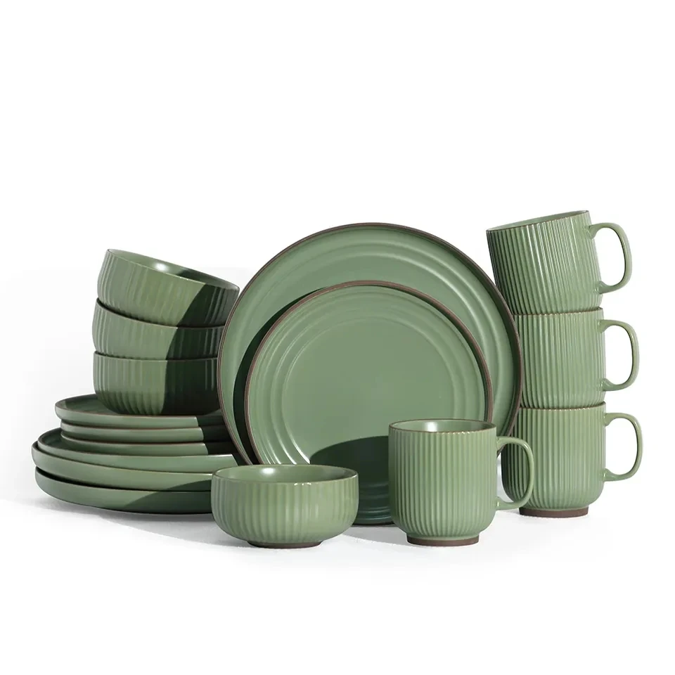Зеленая матовая керамическая посуда из 12 предметов набор для посуды ежедневный Набор использования в микроволновой печи