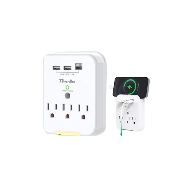 3 Way Wall Mount with Surge Protector Dual Usb Charging 175J Power Strip