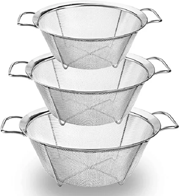Лидер продаж металлический дуршлаг по индивидуальному заказу набор из 3 Штабелируемых сетчатых дуршлагов для фруктов овощей семян риса мелких зерен