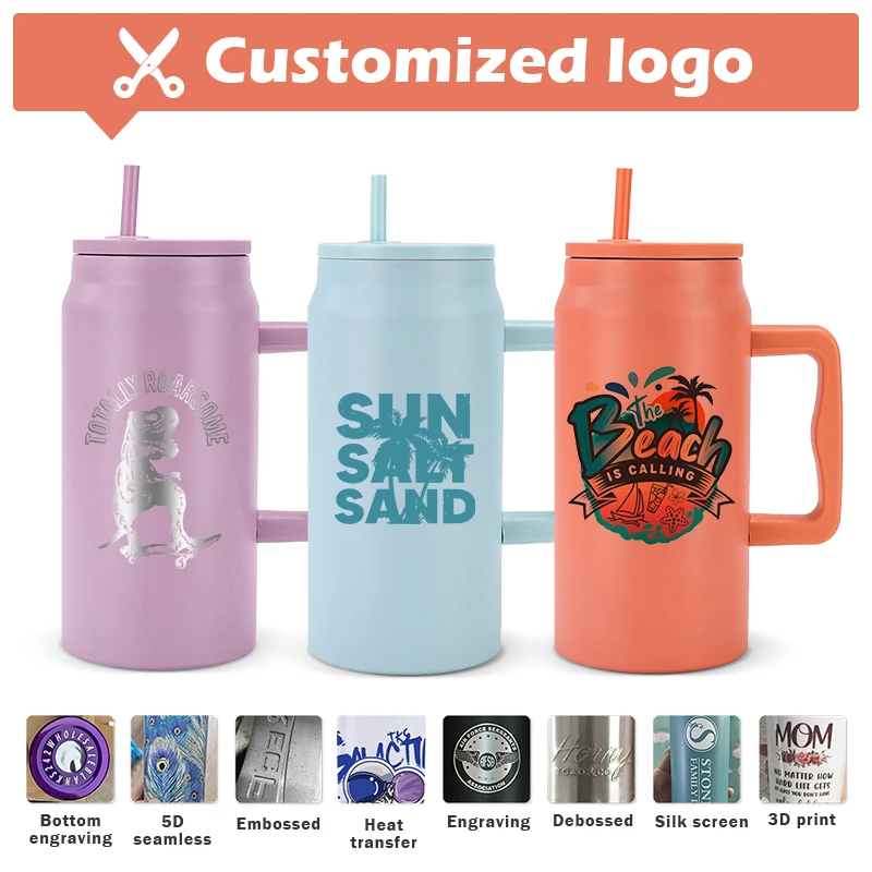 Custom 50oz Reusable Insulated Stainless Steel Large Travel Jug Water Bottle Gifts 50 oz Mug Tumbler with Handle and Straw Lid