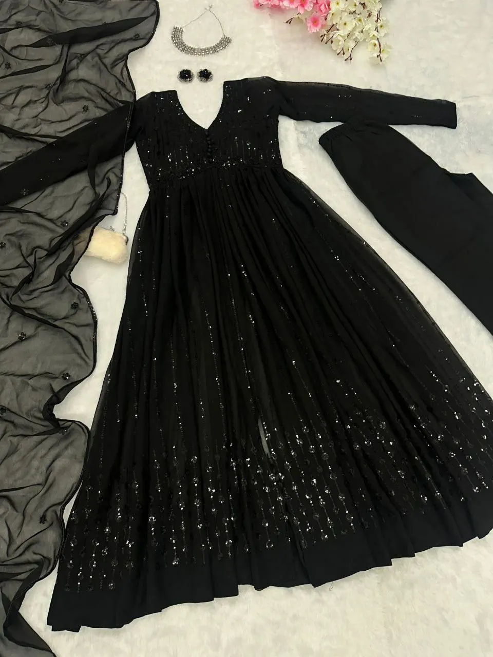 Black Color O Neck Customized Color Elegant Georgette Anarkali Gown for Women Fashion Outfit India
