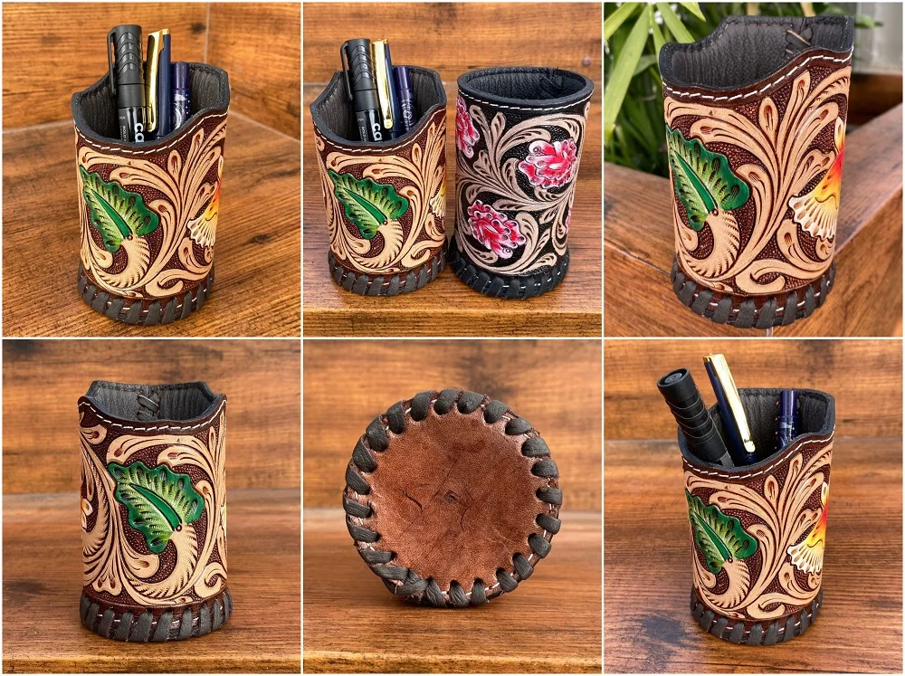 Durable Hand Tooled Leather Desk Accessory Minimalist Luxury Pen Holder Genuine Leather Pencil Cases for Sustainable Office Use