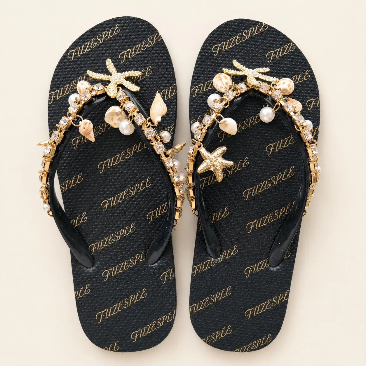 Black custom starfish shell flip flops with PVC straps