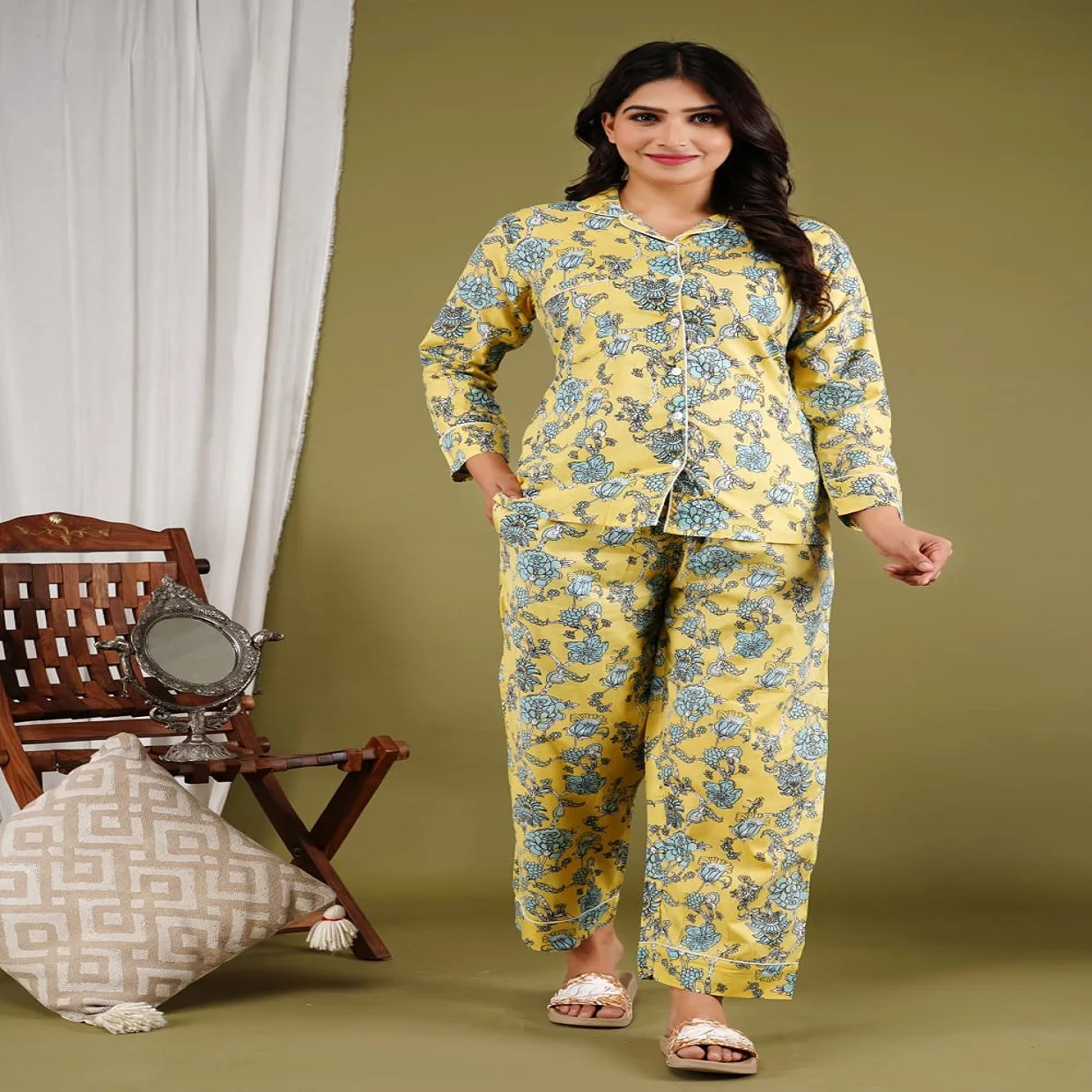 Custom Made Floral Printed Modal Lace Thermal Sleepwear Coordinated Sets Lightweight Nightwear for Wholesale Buyers