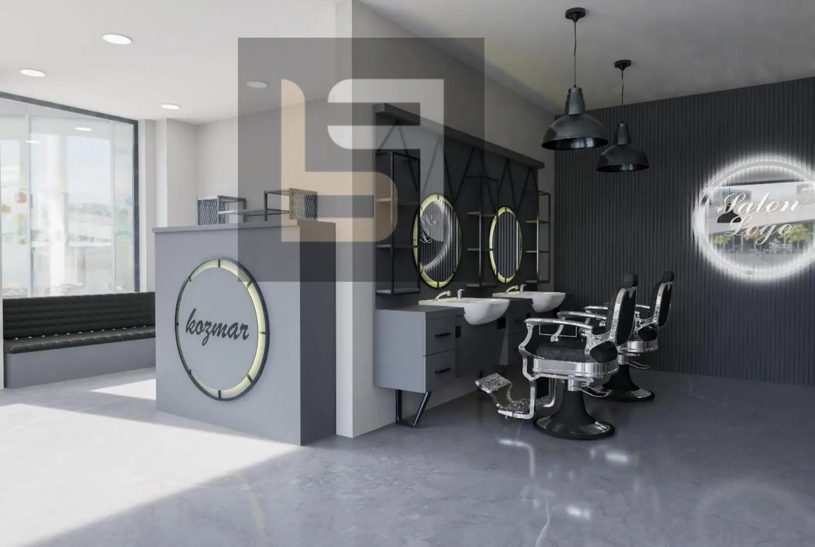 Modern Commercial Salon Barber Station Wooden Storage Mirror Glass Black/Grey Finish Hair Wash Sink Dining Outdoor Hotel Gym