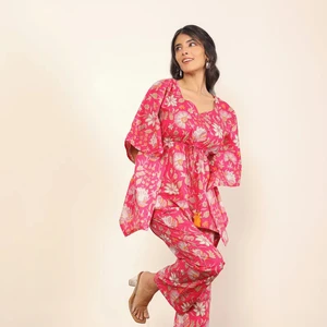 Pink And Multi Floral Two Piece Set Kaftan Style Front Tie Top And Wide Pant 100% Cotton Indo Western Co-ord Set Printed Kaftan