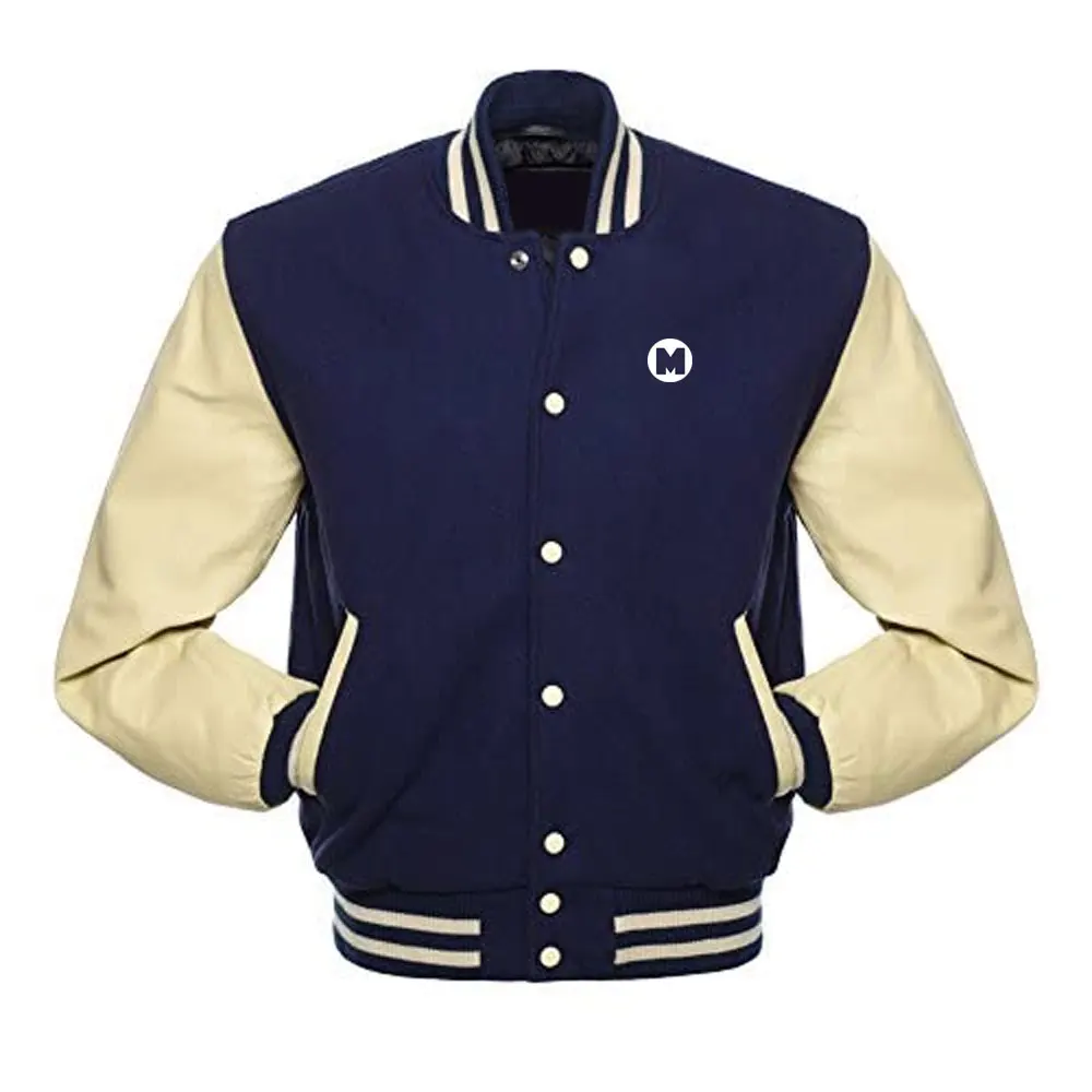Varsity Letterman Jacket Navy Blue Color Wool Leather