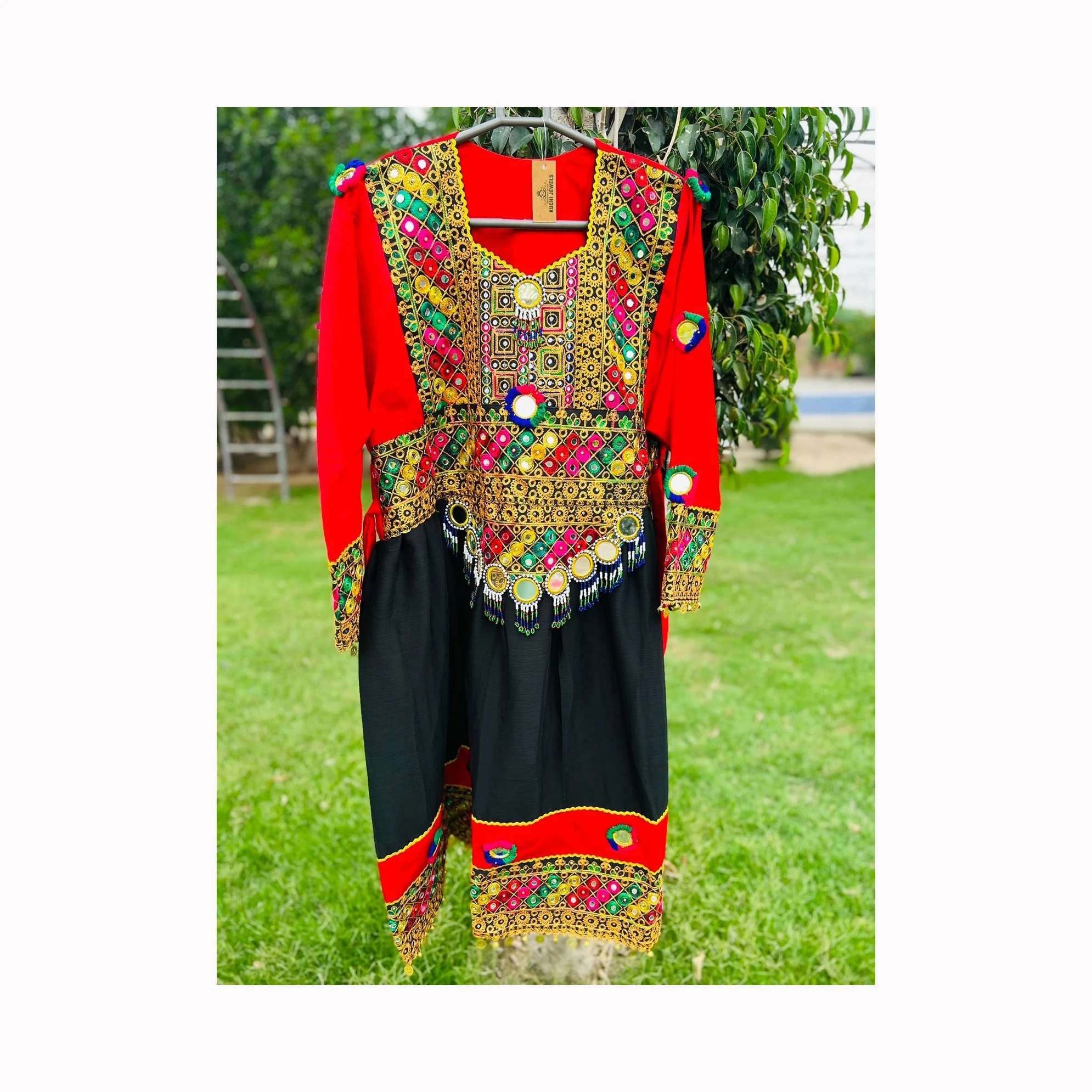 Premium Quality Genuine Leather Custom Fabric Salwar Kameez for Balochi Tribal Women Heavy Embroidered Long Frock Sleeves