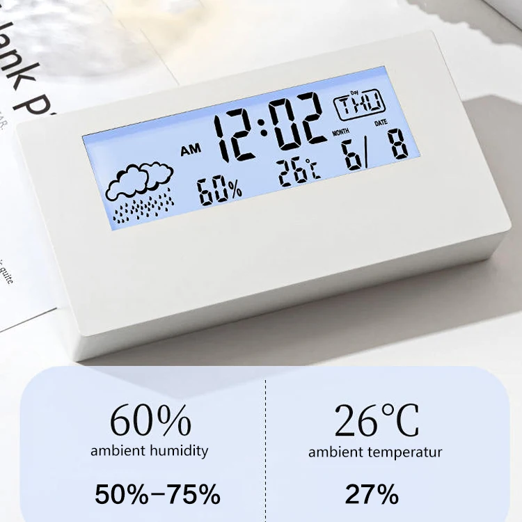 LCD Student Table Clock Creative Temperature Humidity Digital Multi-function Weather Electronic Alarm Clock for Room Bedroom