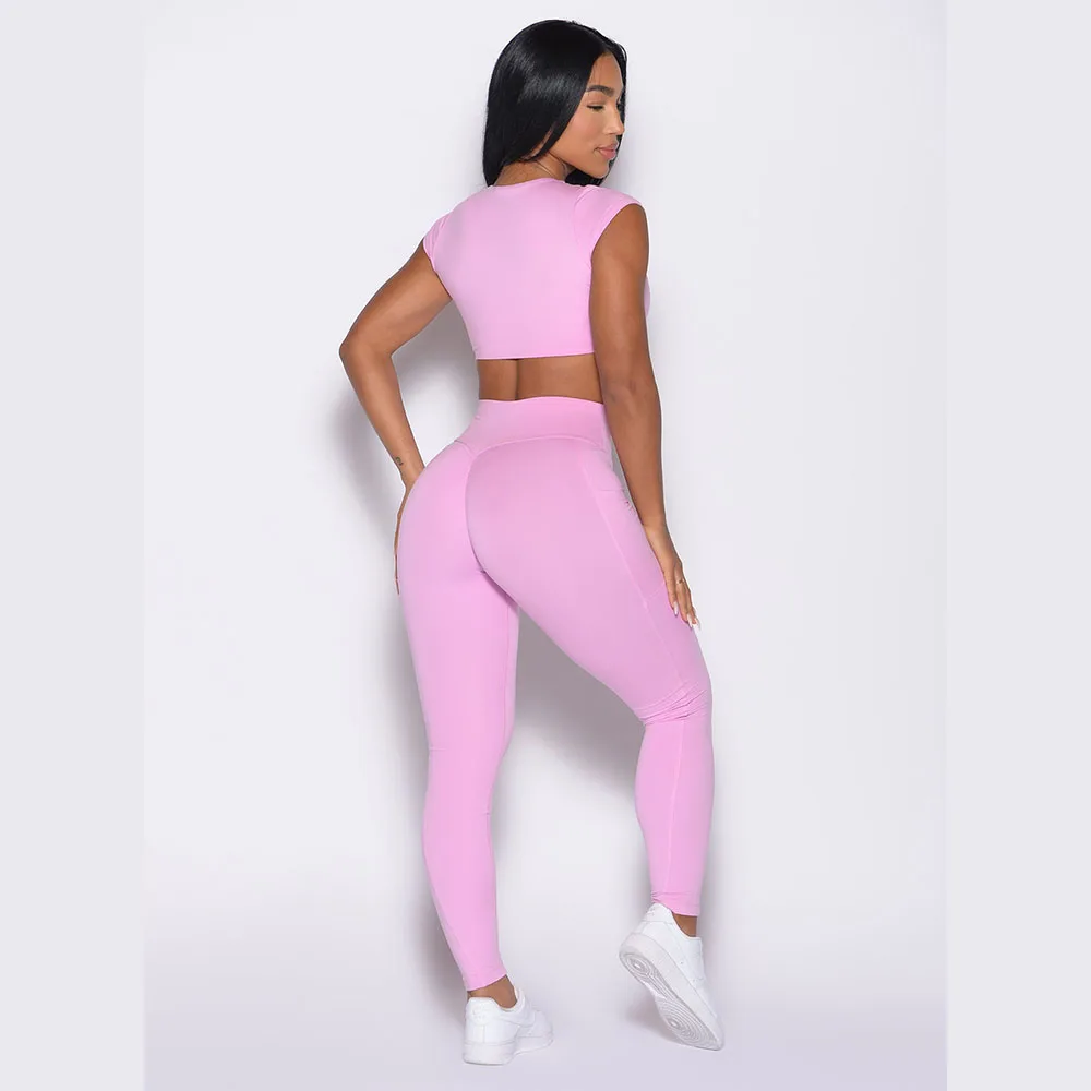 Latest Custom Pink Elastic Waist Define Leggings High Waist Active Wear Leggings Quick Dry And Breathable Gym Leggings For Women
