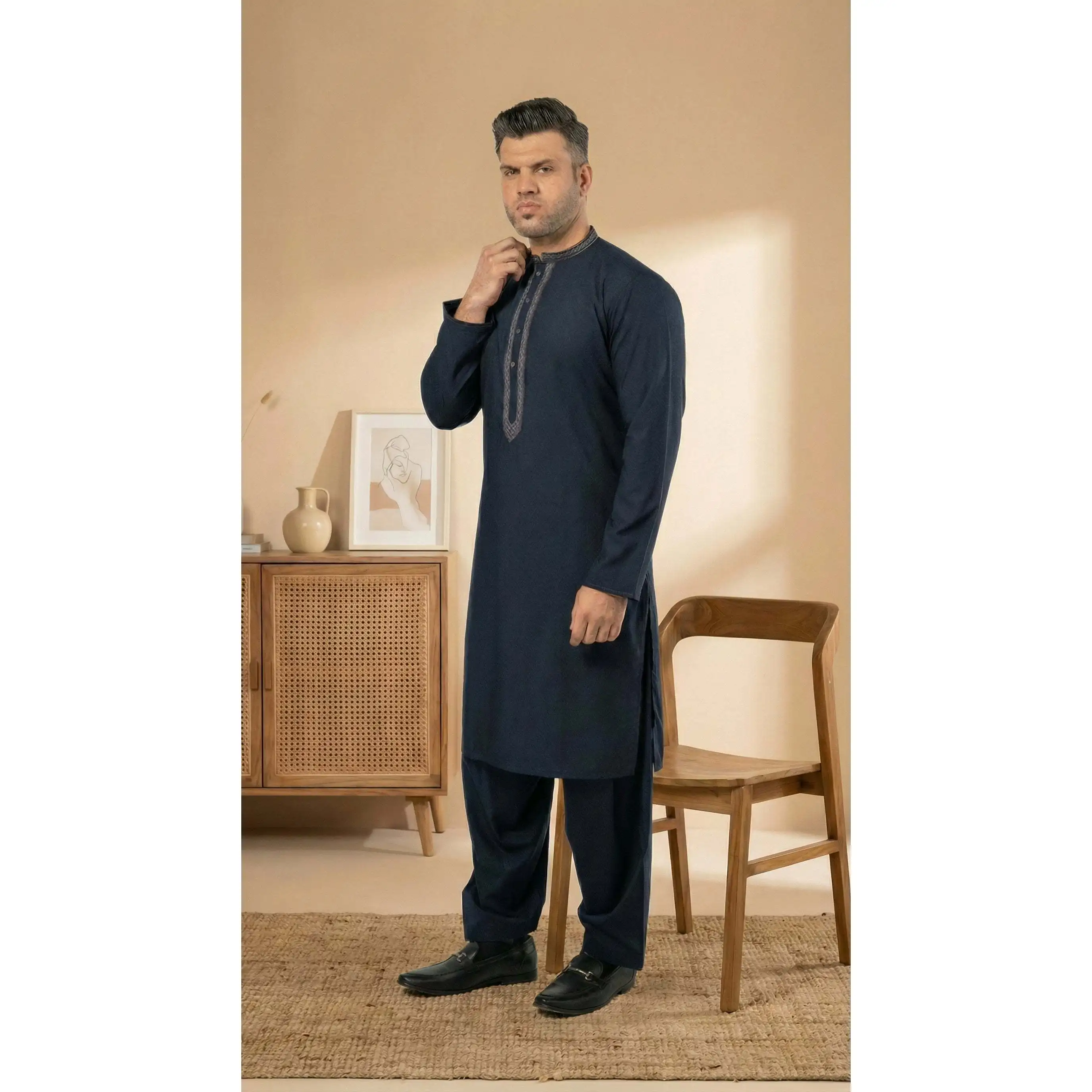 Mens Navy Blue Formal Kameez Shalwar with Straight-Cut Sleeve for Wedding & Festive Occasions