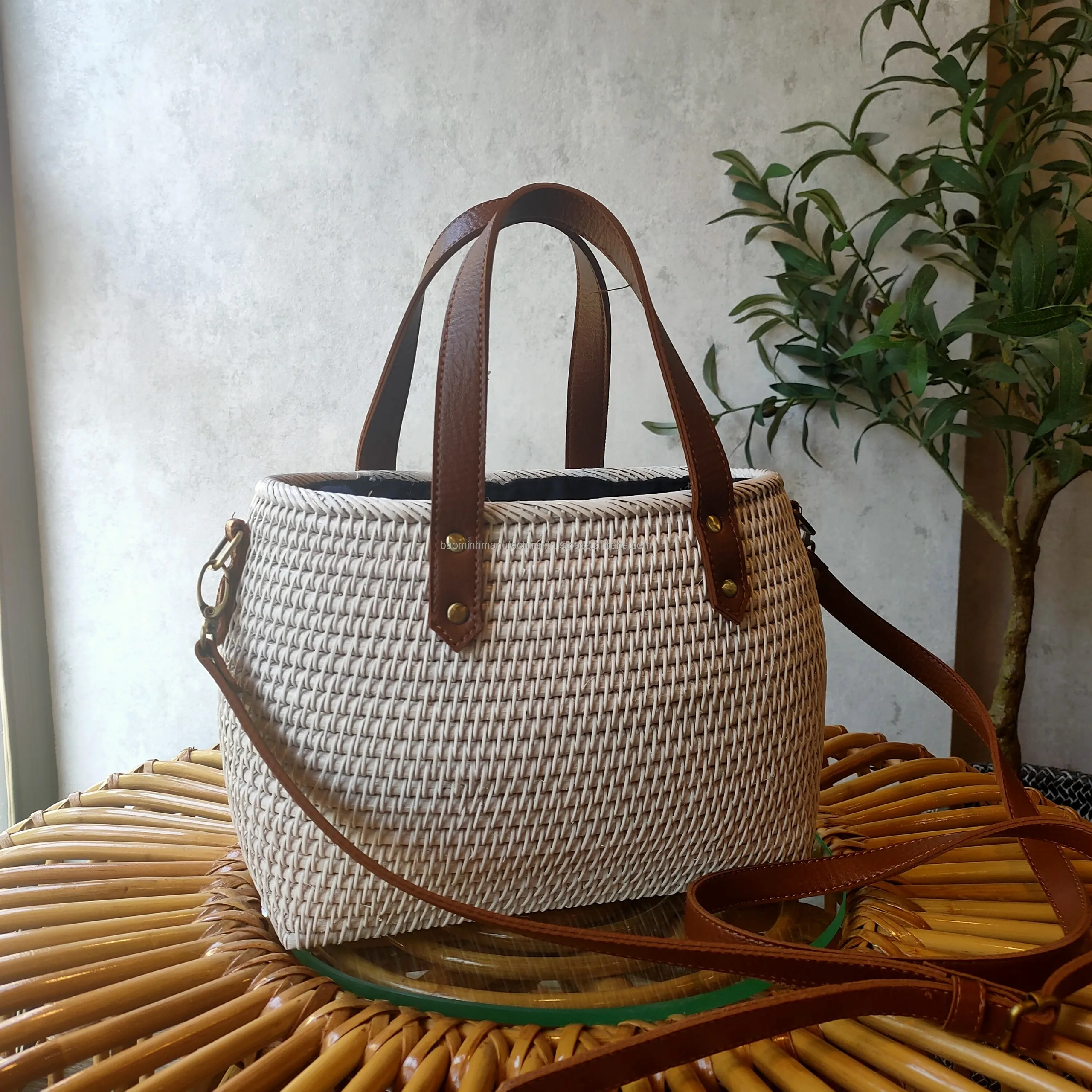 Luxury Boho Hand Woven Rattan Bag With Fabric Inside And Leather Lids