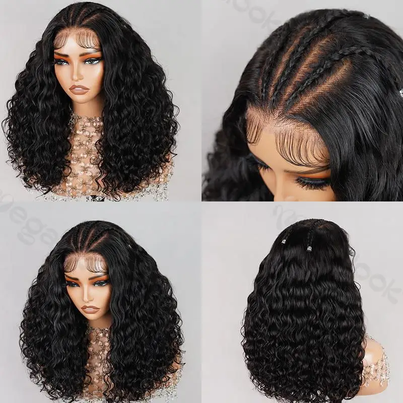 Halo Braided Ocean Wave Double Drawn Natural Black Human Hair Wig 6x5 Glueless Lace Pre Bleached Tiny Knots Lace Wig