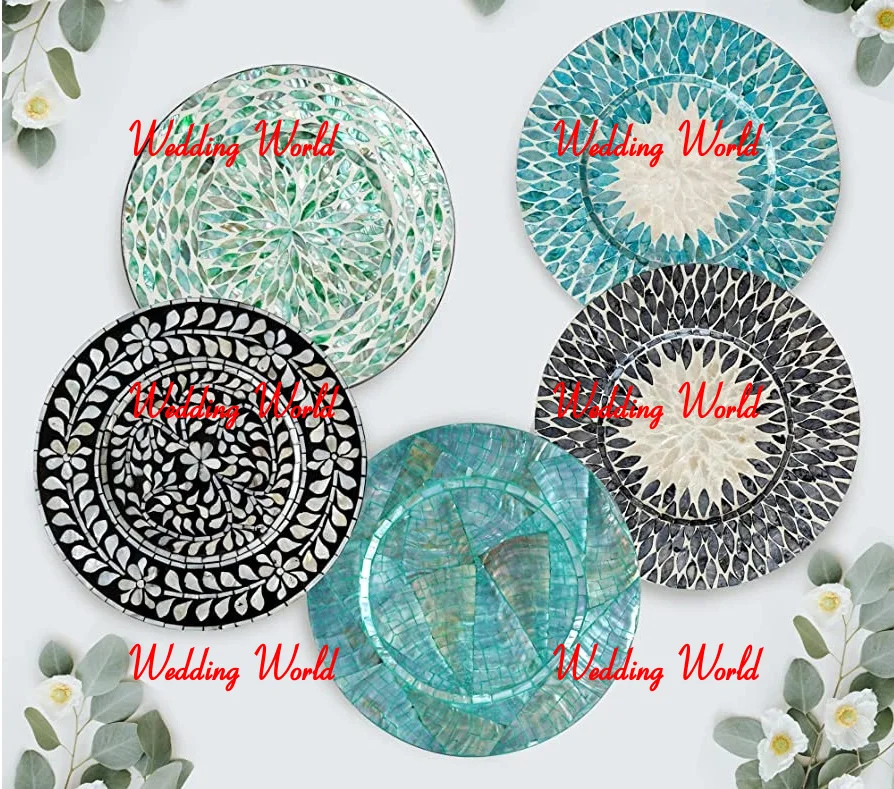 Wooden Charger Plate Round Shape Mother Of Pearl Serving Platter